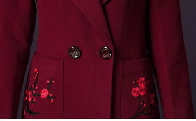 Зима Осень Женский костюм воротник двубортный винный, красный, фиолетовый вышивка длинное шерстяное пальто, тонкий 4xl шерстяные пальто для женщин