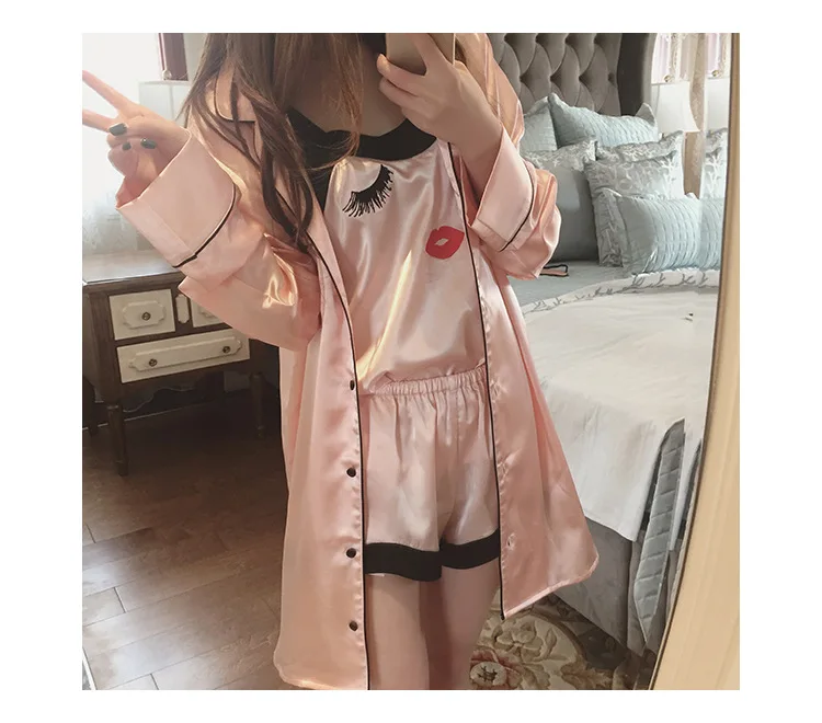

6759 # Eyelash Lip Red Hxy Camisole Long Sleeve Four-piece Set Pajamas Homewear Set