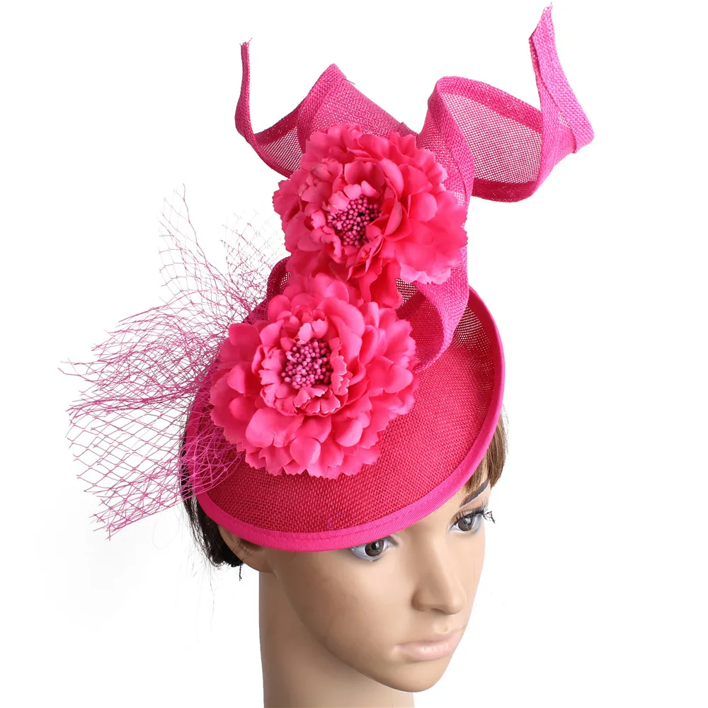 

Hot Pink Fashion Fascinator Hat With Flower Mesh New Hair Accessories Church Cocktail Race Headwear With Fancy Feather Headpiece