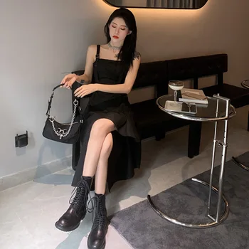 

2020 New Style Retro Waist Hugging Slimming Skirt Mid-length Irregular Strapped Dress Elegant Black and White with Pattern Dress