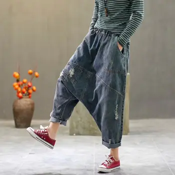 

2020 Spring Women Baggy Low Crotch Denim Pants Plus Size Elastic Waist Pocket Jeans Hip Hop Cross-Pants Boyfriend Trousers