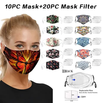 

10PCS Adult PM2.5 Mask Fashion Printing Breathable Reusable Washable Windproof Foggy Haze+20PCS Filters Mascarilla Masque