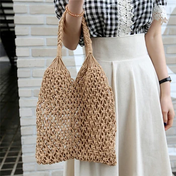 

Women Woven Shoulder Bag Mesh Rope Weaving Bucket Hollow Out Reticulate No Lined Net Female Shoulder Bag Fashion
