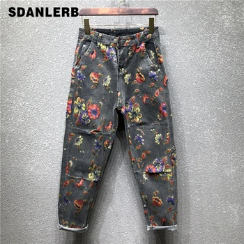 

Plus Size Flower Jeans Women 2020 Spring and Autumn High Waist Loose Harem Pants Fashion Do Old Denim Pants Female Jeans Jean