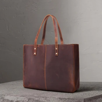 

Genuine Leather Laptop Handbag Large Capacity Work Tote Full Grain Leather Shoulder Bag Unisex Shopping Bags