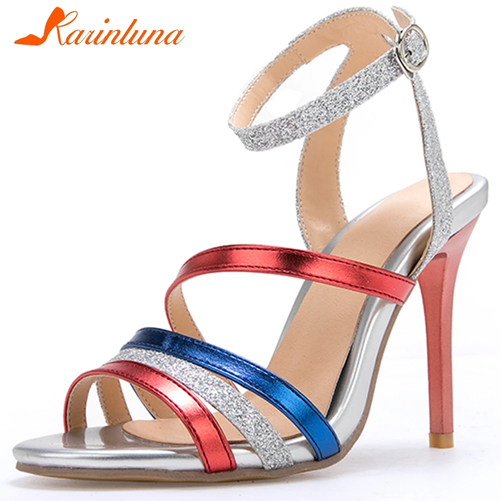 

Karinluna New Design 2020 Plus Size 46 Mix Color Shoes Woman Sandals Female Thin High Heels Buckle Strap Sexy Party Sandals