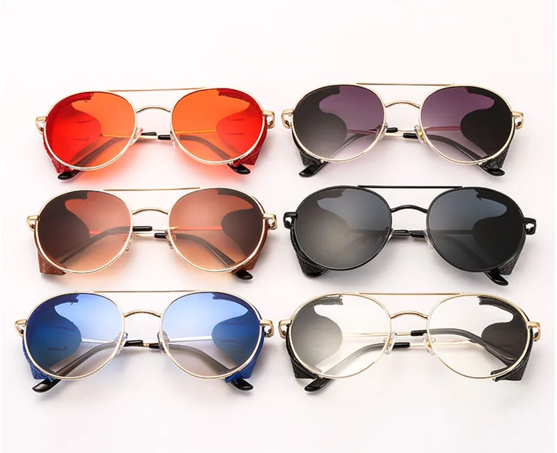 Oakshion солнцезащитные очки в стиле ретро, стимпанк Для женщин Для мужчин металлические панк Солнцезащитные очки Винтаж кожи сбоку щит круглый градиентные очки UV400