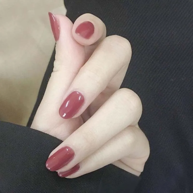 

24pcs/set Round Bride False Nails set Bean Red Colors Fake Nails French Acrylic Artificial Fake Nail Art Tips with Glue press on