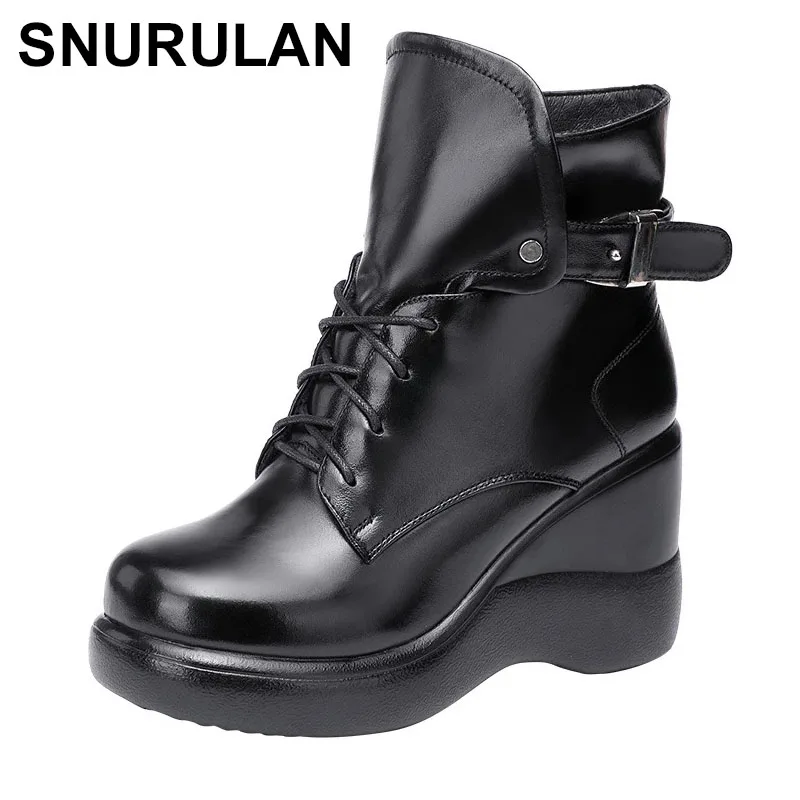 

SNURULANWomen Chunky Boots Autumn Leather Hidden Heel Women Sneakers Sneakers Winter Platform Zipper 8cm High Heel Ankle Boots