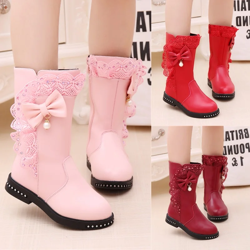 Children'S Winter Boots for Girls Rhinestone Flower Fashion Plush Long Boots Princess Flats Dress Shoes Snow Martin Boots exquisite rhinestone stars ripped jeans women s high waist straight mop light blue denim pants 2022 summer new long pantalones