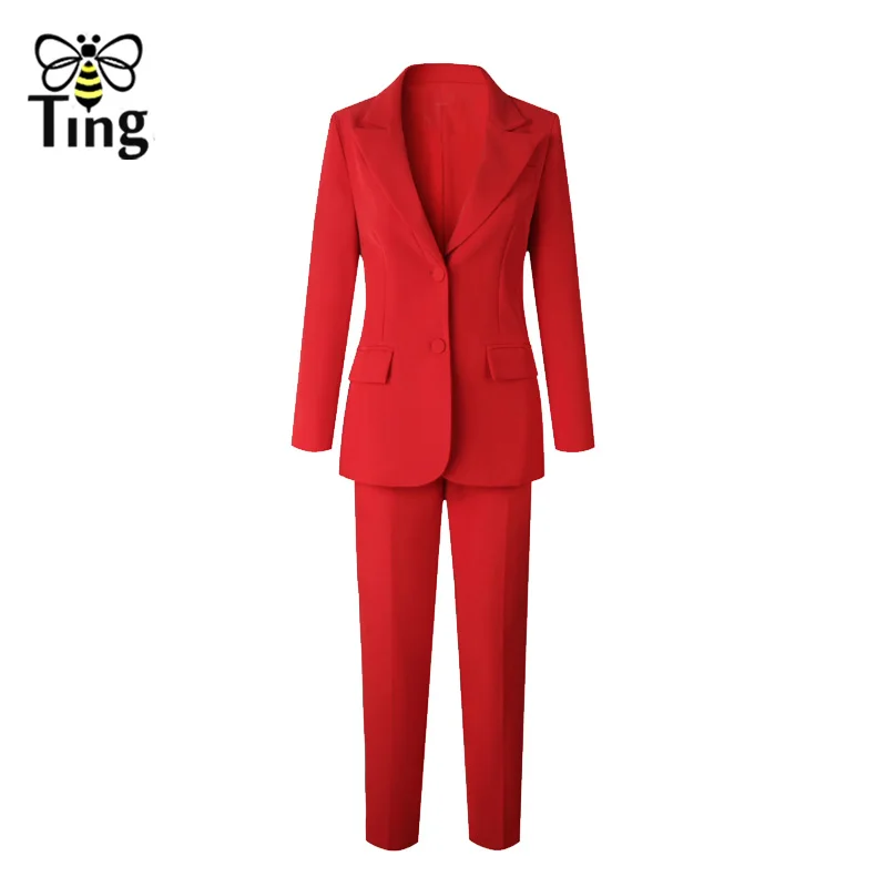 Tingfly классические дизайнерские блейзеры, комплекты костюмов, элегантные офисные женские костюмы, пиджак+ брюки, женские комплекты, красные комплекты из 2 предметов - Цвет: Красный