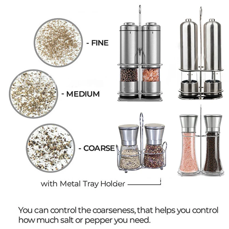 2 Pcs/Set Electric Salt and Pepper Grinder with Metal Stand Automatic Stainless Steel Manual Pepper Mill with LED Light Hot Sale