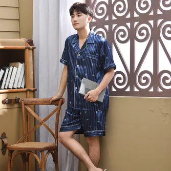 

Green Print Lover 2PCS Sleepwear Pajamas Suit Satin Shirt&Shorts Couple Short Sleeve Pijamas Set Silky Nightwear Casual Homewear