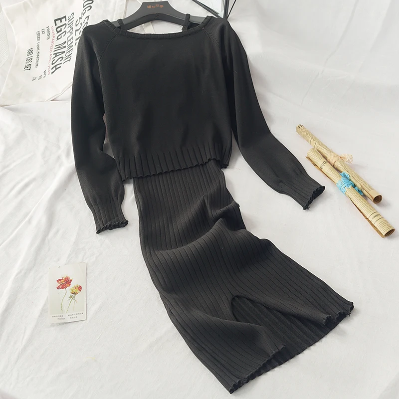 Осенние новые женские платья из 2 предметов, костюмы, вязаный свитер и длинные платья, женская одежда, платья, костюмы наивысшего качества - Цвет: black