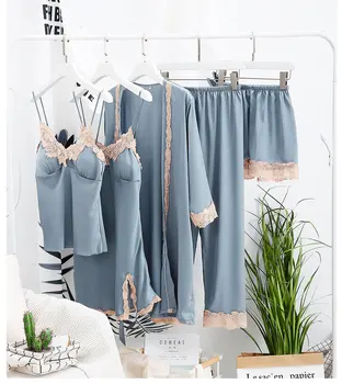 

Spring 5 Pieces Sets Women Pajama Set Sexy Lace Satin Sleepwear Set Pajamas for Women Pyjama Sets Casual Sleep Lounge