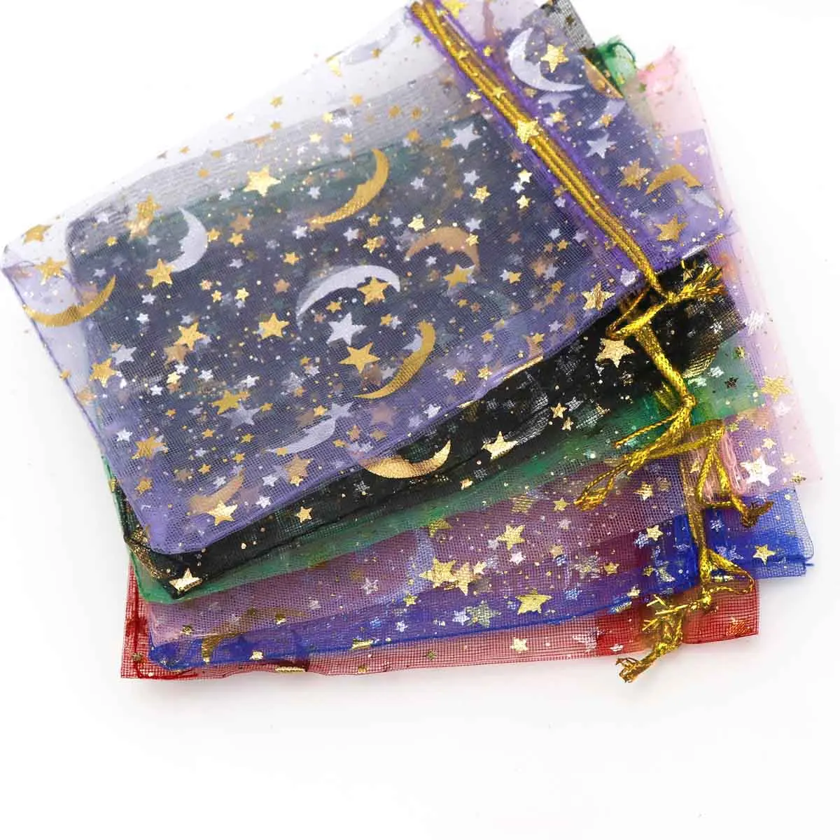 30 шт./лот, сумки из органзы с изображением Луны и звезд, 9,7x12 см, маленькие рождественские подарочные сумки на шнурке, очаровательные упаковочные сумки и сумки для ювелирных изделий