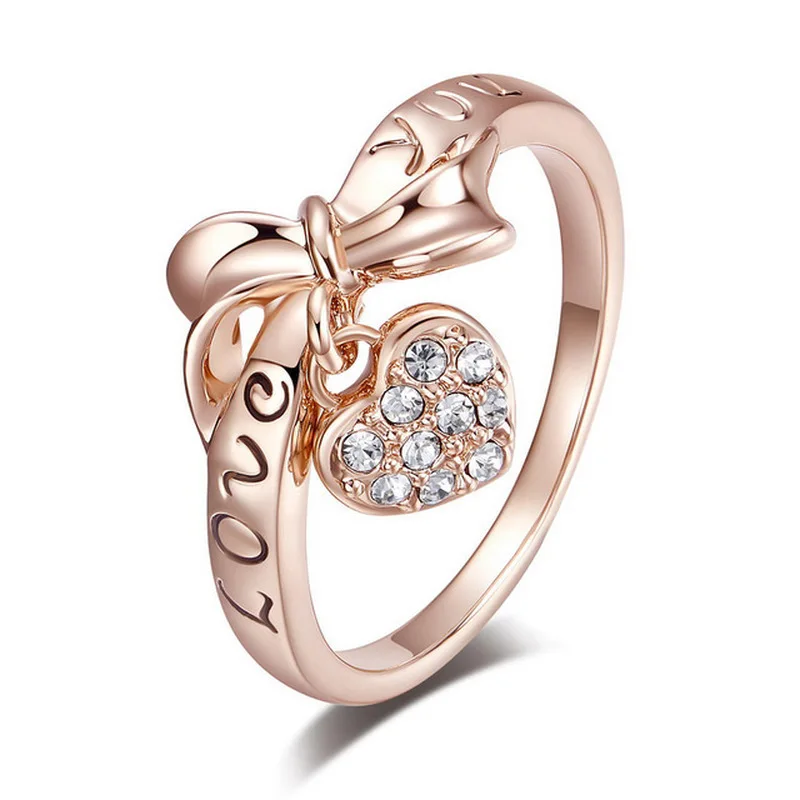 

Heart shape and bow engraved with "love you" letters inlaid with Austrian crystal elegant women's jewelry Valentine's Day gift
