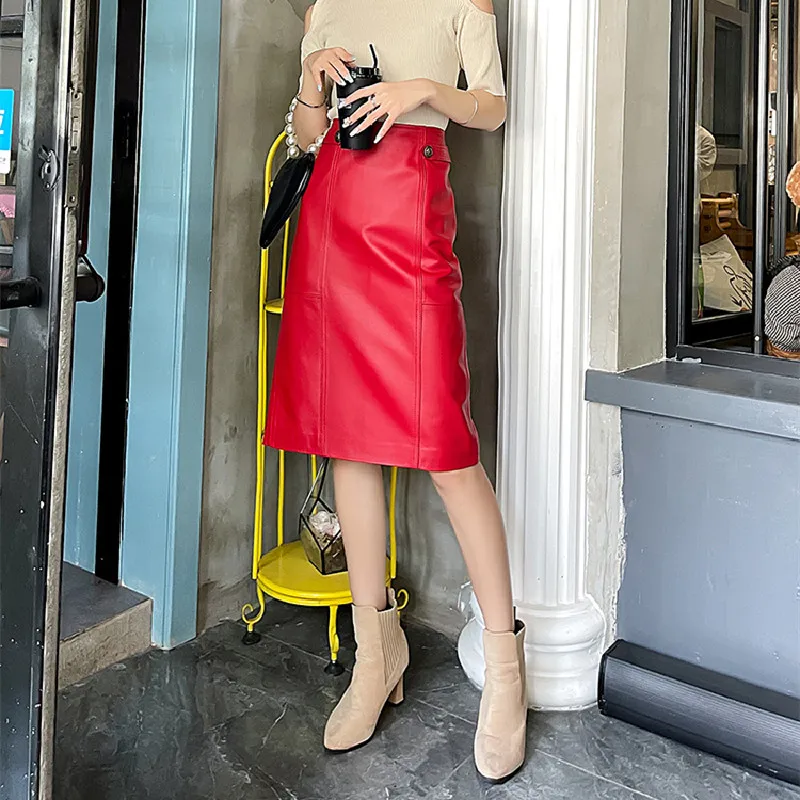 Autumn New Designer Women's High-rise Leather Skirts High Quality Genuine Leather Pencil Skirt C419 autumn new designer women s high rise leather skirts high quality genuine leather pencil skirt c419