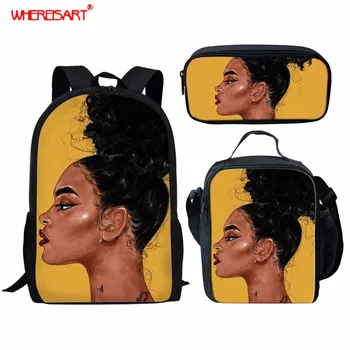 

WHEREISART Children School Bag Set Black Magic Girl African Print Bookbags African Women School Backpacks for Girls Rucksack