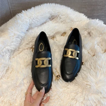 

Genuine Leather Single Shoes Slip on Chain Dec Loafers Zapatos De Mujer 2020 Round Toe Lazy Shoes Flats Desginer Luxury Brand