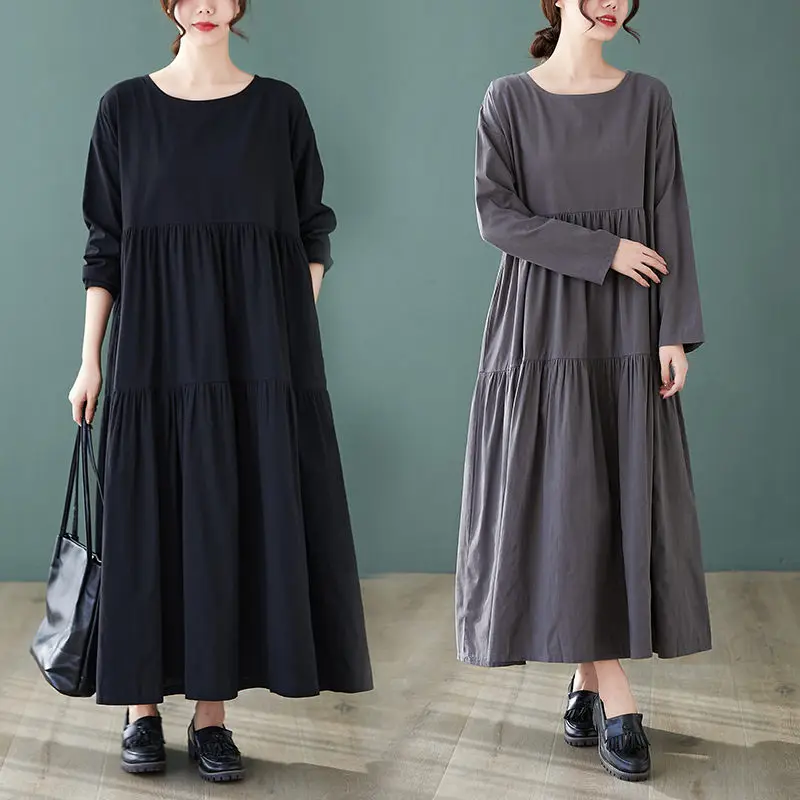 Casual Simple Dress 2021 Spring New Women's Cotton And Linen Literary Loose Mid-Length Long Sleeve Dress Pleated y1064