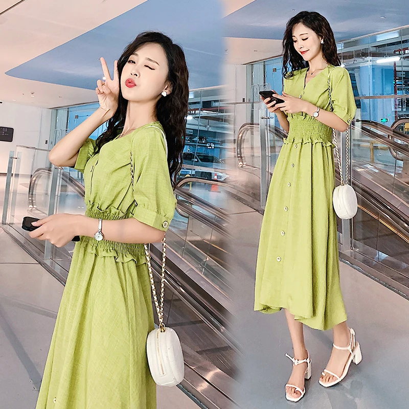 

Women's Fashion Solid V-neck Button Elastic Waist Dress Lemon Green Women Dress 2020 Summer Sexy Beach Short Dress Vestido
