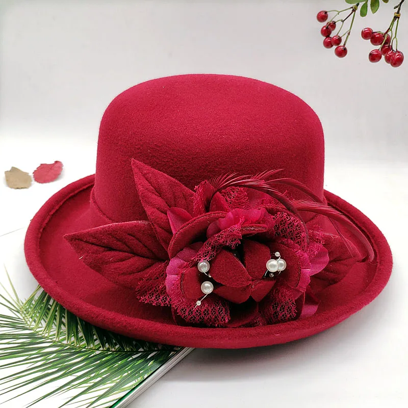 Spring Winter Women Floral Wool Cap Hats Fedoras Stylish Western Bucket Hats Warm Female Bowler fashion hat