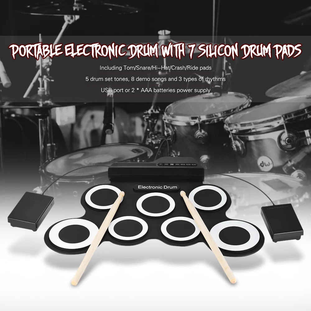 Компактный размер USB ролл-ап барабанная установка цифровой набор электронных ударных 7 барабанных колодок с барабанные палочки, ножные педали для начинающих детей