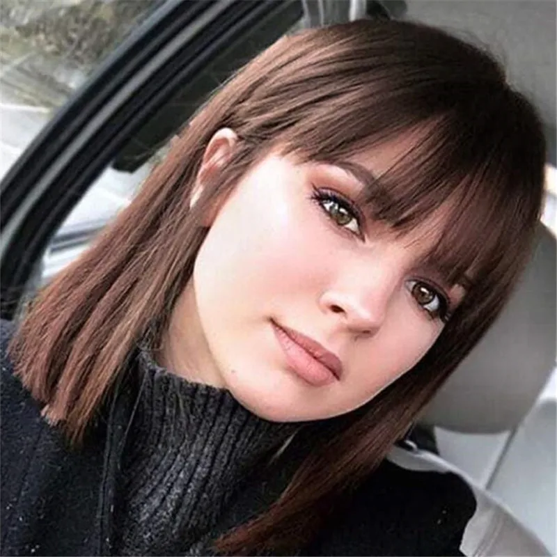 Compra Pinza de pelo humano Marrón oscuro para mujer, adornos para cabello blanco, Base de seda para cabello, con flequillo Zn7mzjJdze1
