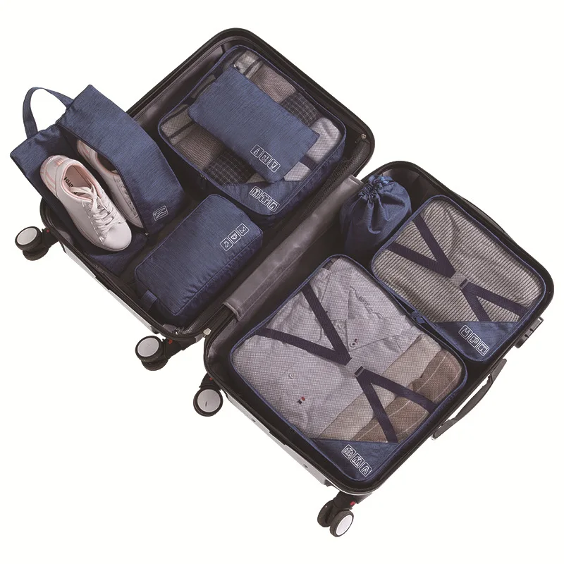 Складная дорожная сумка из 7 предметов, органайзер для багажа, сумка для путешествий, сумка для сортировки чемодана, сумка для одежды, сумка для упаковки кубиков - Цвет: Темно-синий