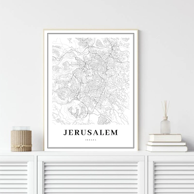 Jerusalem-Map-Black-White-Canvas-Poster-Wall-Art-Picture-Israel-City-Street-Road-Modern-Nordic-Decoration