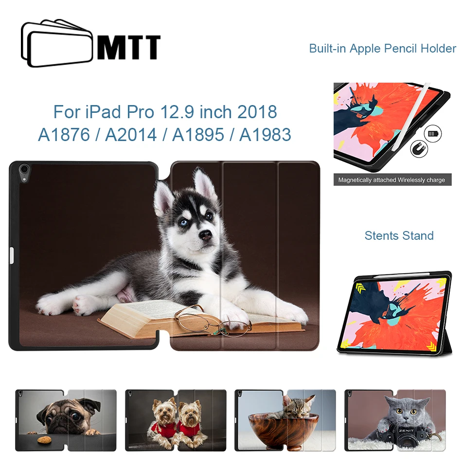 

MTT Case For iPad Pro 12.9 inch 3rd Gen 2018 Release Cute Dog Cat PU Leather Flip Stand Cover Tablet Case With Pencil Holder
