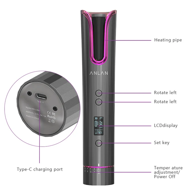 ANLAN Wireless Automatic Hair Curler Cordless Portable Hair Iron Curler USB Rechargeable LCD Display Fast Heating