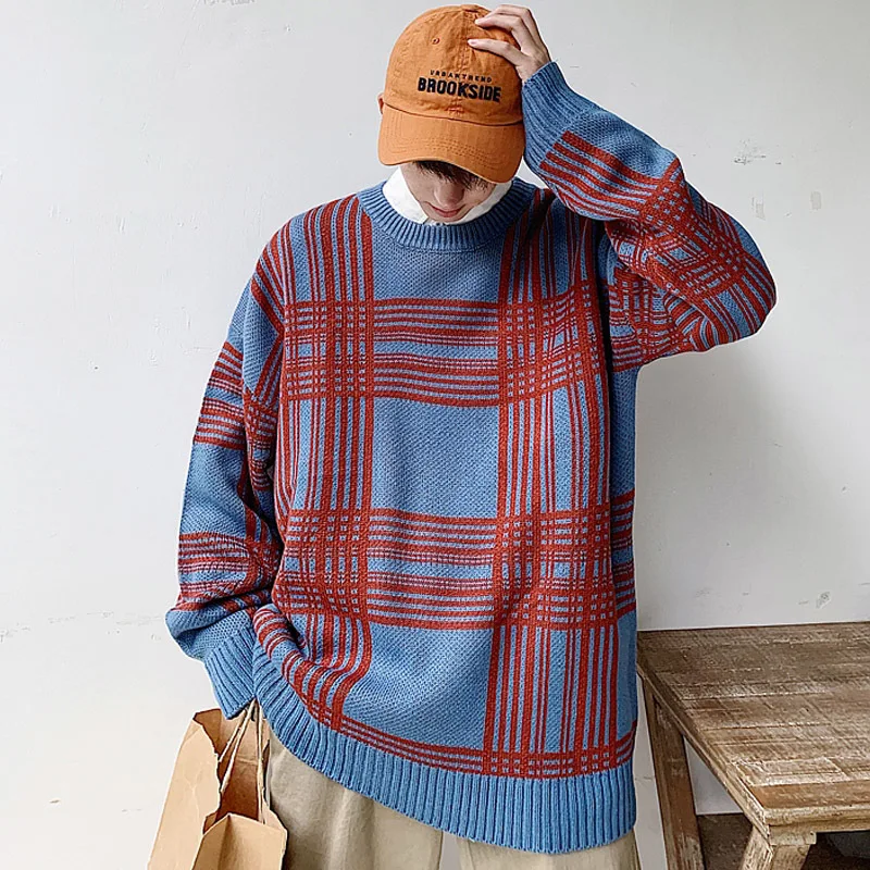 

YUECHE Autumn And Winter Men's New Striped Contrast Color Round Neck Long-sleeved Sweater Casual Loose Youth Popular