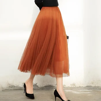 

Fall Winter Thick Caramel Deep Orange Skirt England Preppy Style Elastic Waist Two Layers Mesh Accordion Pleated Long Skirts