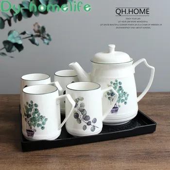 

Ceramic Coffee Tea Set Nordic Green Plant Kettle Set Coffee Pot Cup Tray Cup Holder Home Afternoon Tea Set Cold Kettle Water Set