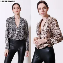 

Womens Loose Chiffon V Neck Shirts Elegant Snake Skin Print Women's Tops and Blouses Spring Long Sleeve Shirt Blouse Women