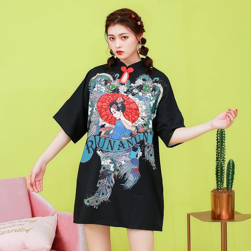 Черный с винтажным принтом Cheongsam летнее платье Ципао платье для девочек