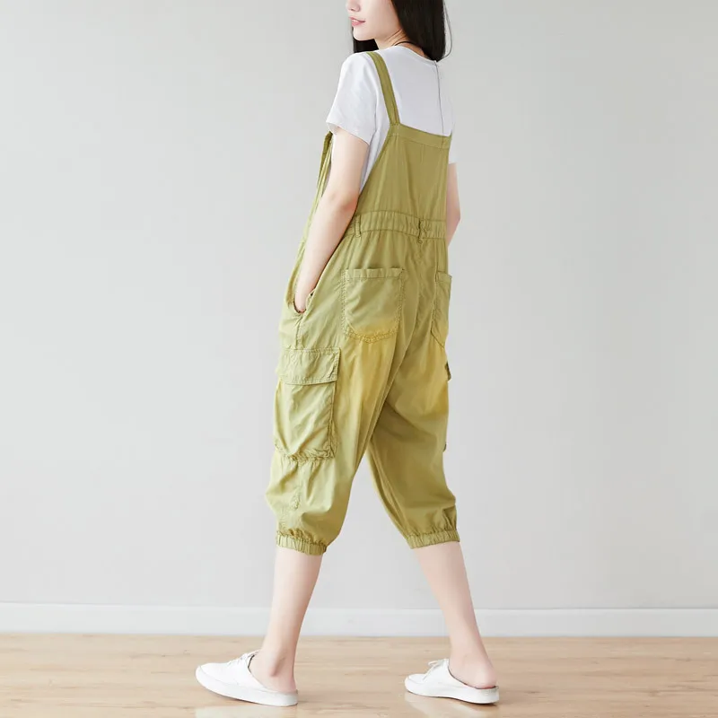Cargo Pants Mujer Streetwear Women Plus Size Overalls Casual Calf-length Trousers Side Buttons Elastic Bunch Bottom with Pockets