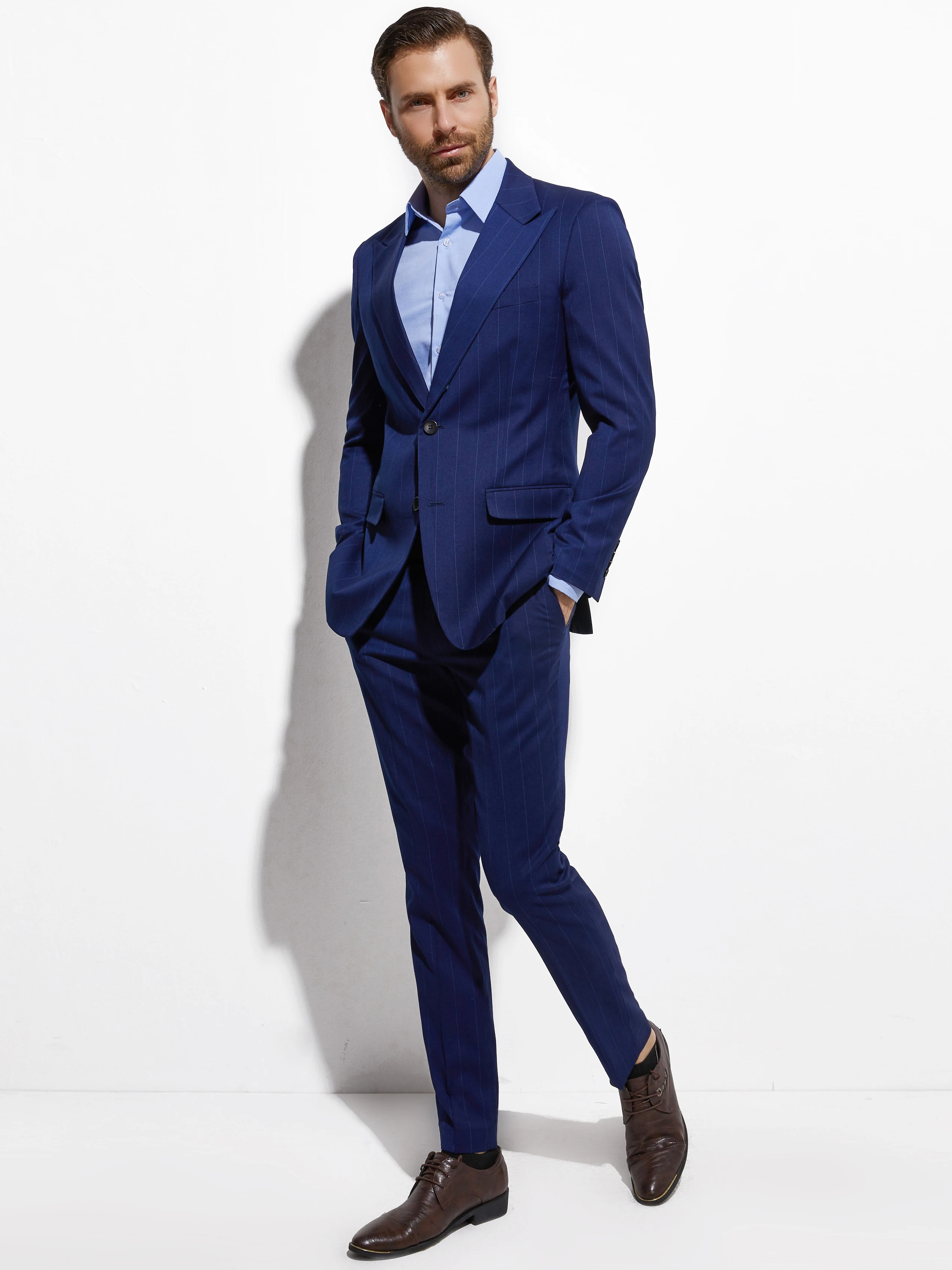 Tailor-made Suits Men Suit Slim Fashion Dark Blue Super Wide Chalk Stripe Stylish Fashion Suit Men Striped Costumes Sur-mesure