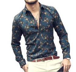 2021 novo código europeu dos homens 3d impresso camisa casual retro esmagado flor lapela camisa homem