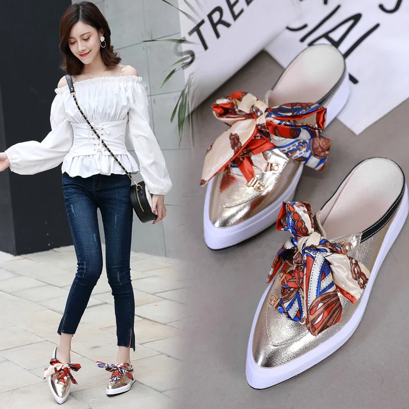 

Woman Shoes Bow Knot Pointed Toe Mules Fashion Platform Wedge Slippers Shallow Slip on Lides Leather Ladies Loafers White Gold