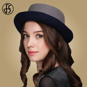 

FS Fashion Women 100% Wool Felt Fedora Hat Autumn Wide Brim Jazz Hat Blue Gray Brithsh Style Winter Warm Roll Up Brim Bowler Cap
