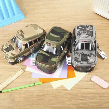 

Pencil Case Vehicle Pen Pouch Bag With Combination Lock For Boys Double Zipper Camouflage Canvas Large Cute School Pencil Box