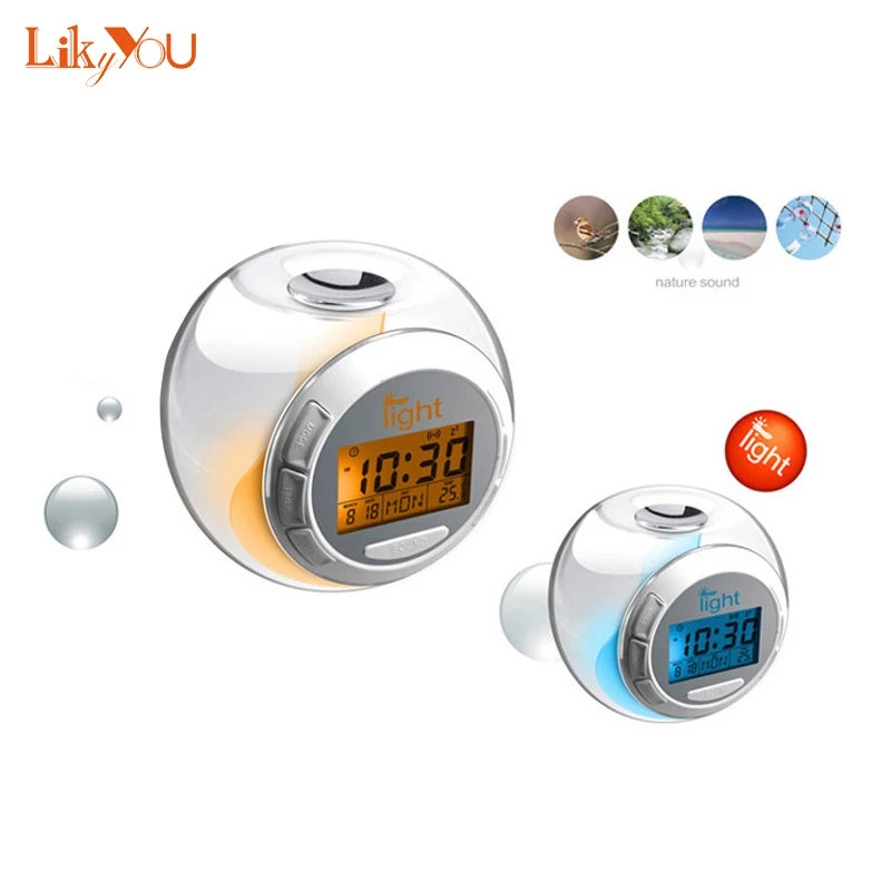 

Digital Electronic Alarm Clock with 6 Natural Sounds 7 Color Changing LED Light Transparent Multifunctional Calendar Clock