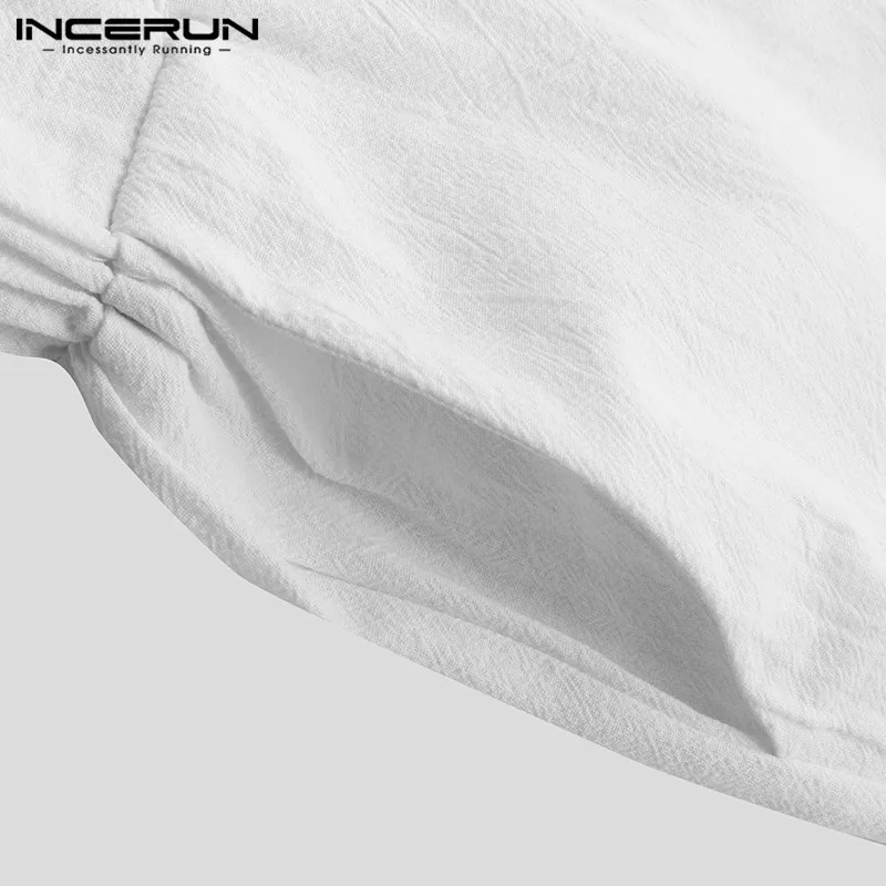 INCERUN Men's Wide Leg Pants New Fashion Summer Solid Color Elastic Waist Loose Strap Cotton Casual Street Men's Trousers