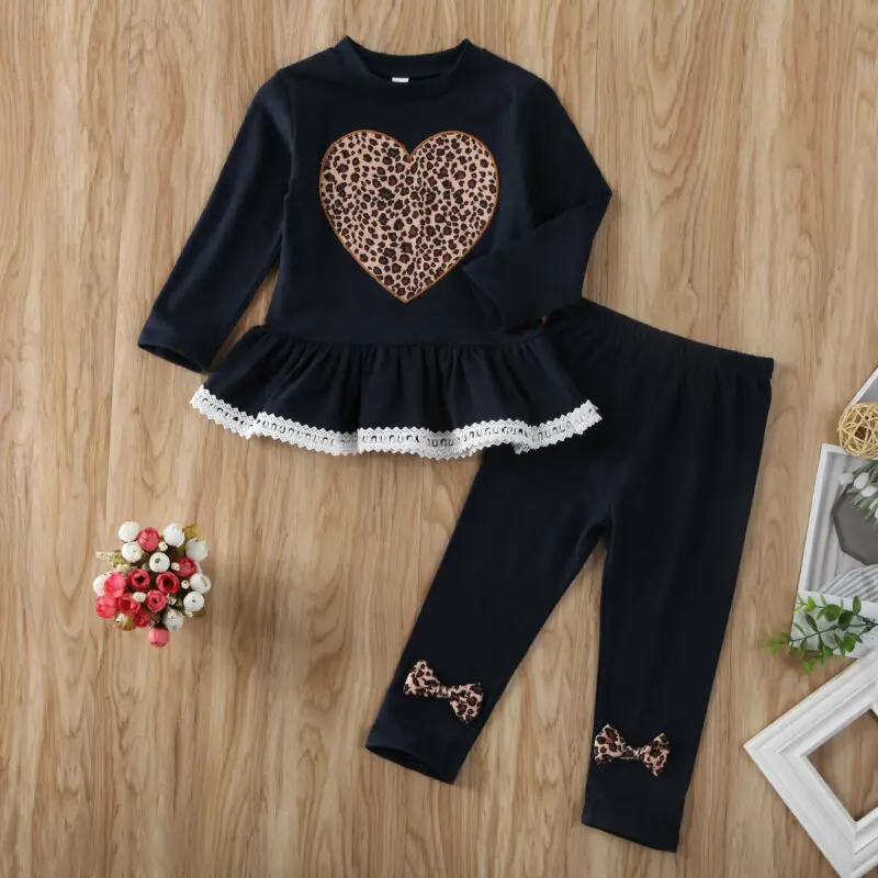 

Winter Warm Sweet Toddler Baby Girls Cloth Love Leopard Long Sleeve Tops Dress Trousers Cotton Outfits Clothes 1-6Y 2019