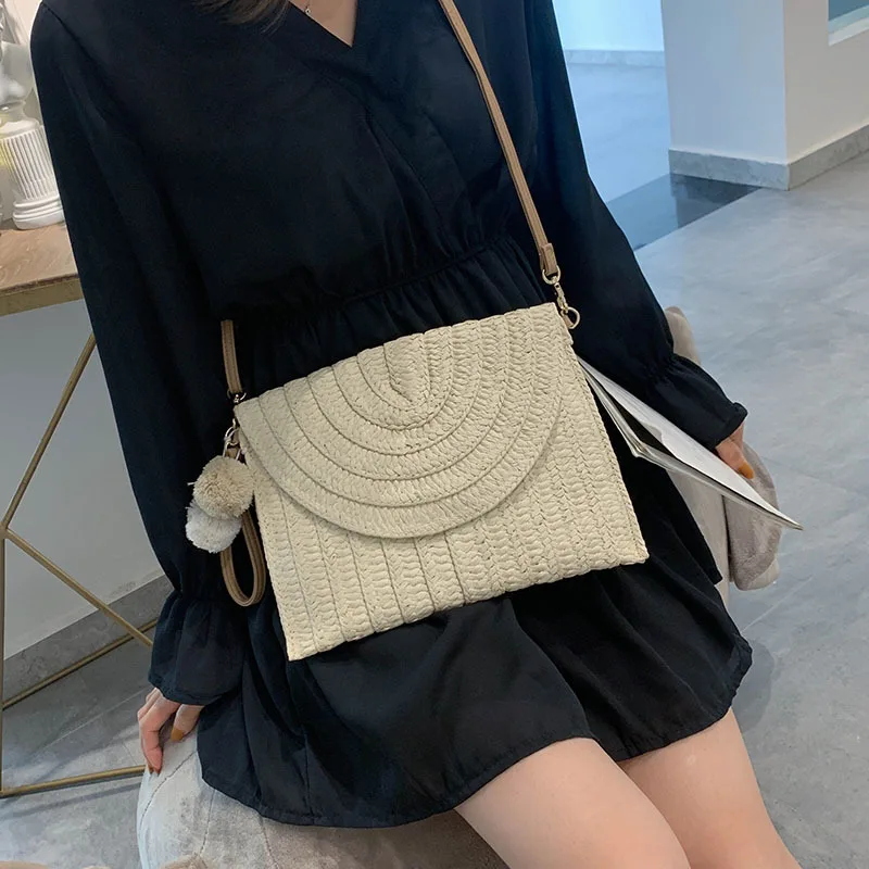 

2019 Summer INS New Style Venonat Decoration Clutch Shoulder Straw Bag Casual Fashion Weaving WOMEN'S Bag