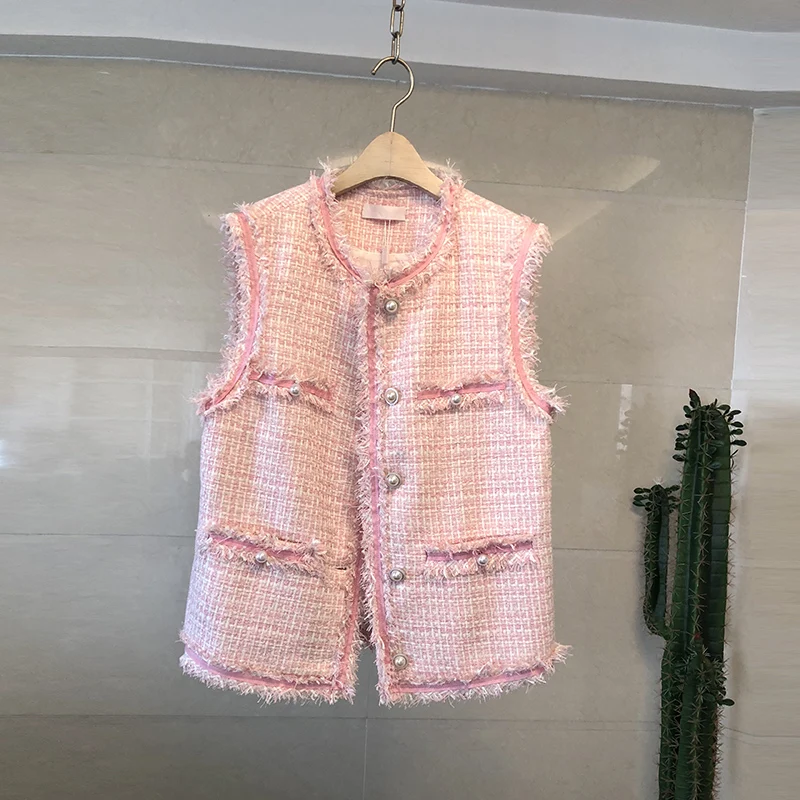 

New Tweed Vest Women Outside Retro Jacket Chaquetas Mujer Invierno 2020 Gothic Pink Sleeveless Vest Campera Mujer N9659