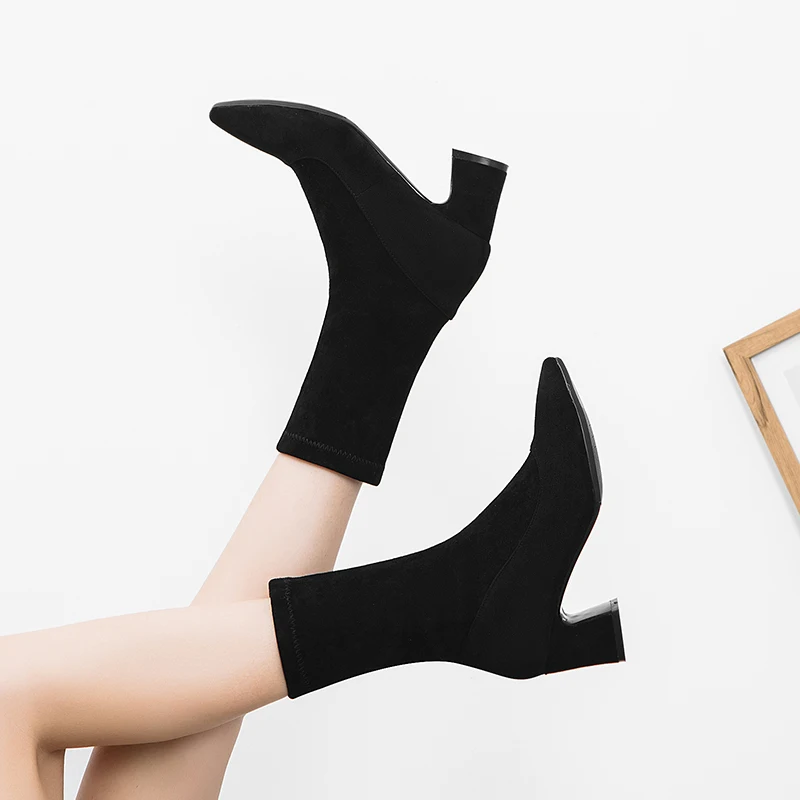 

2019 Suede Pointed Toe Women Ankle Boots 3-43 Fashion Hoof High Heel All Match Short Woman Shoes Fur Boots winter leather boots